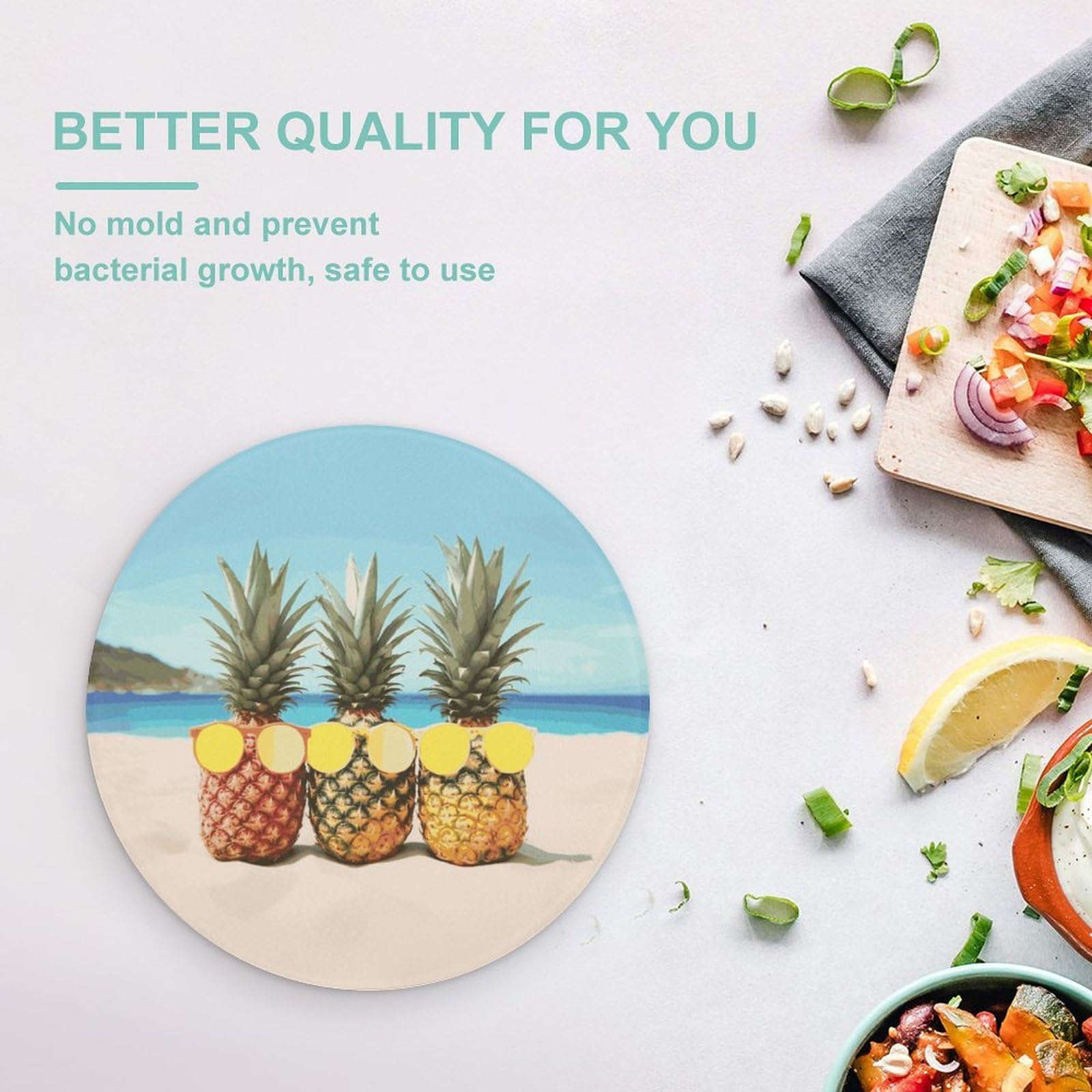 Tagliere rotondo con ananas geometrico giallo mare spiaggia facile da pulire, taglieri per cucina di grandi dimensioni 7,9, taglieri essenziali da cucina comodo per carne e verdure