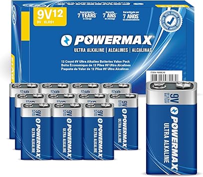 بطاريات Powermax 12-Count 9V، بطارية قلوية تدوم طويلاً للغاية للمنزل والمكتب، مدة صلاحية تصل إلى 7 سنوات، عبوة قابلة لإعادة الإغلاق