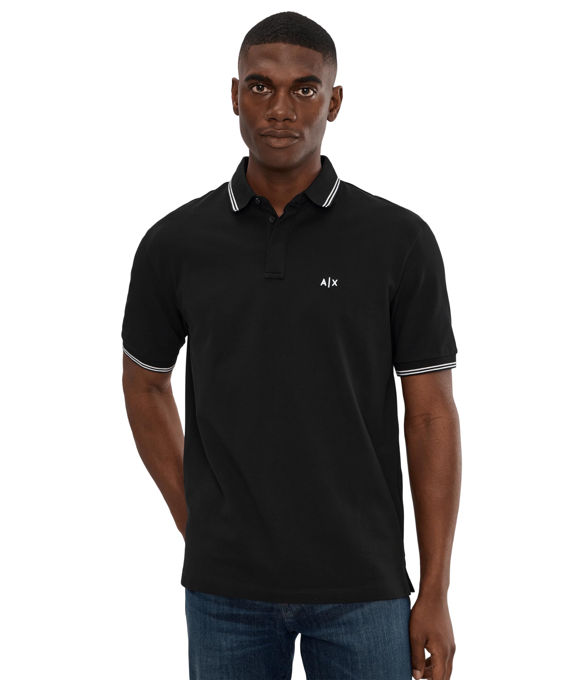 Armani Exchange Men's Essential, Double Striped Sleeve and Collar Side Monogram Logo Polo Shirt, Black, XL, Black, XL