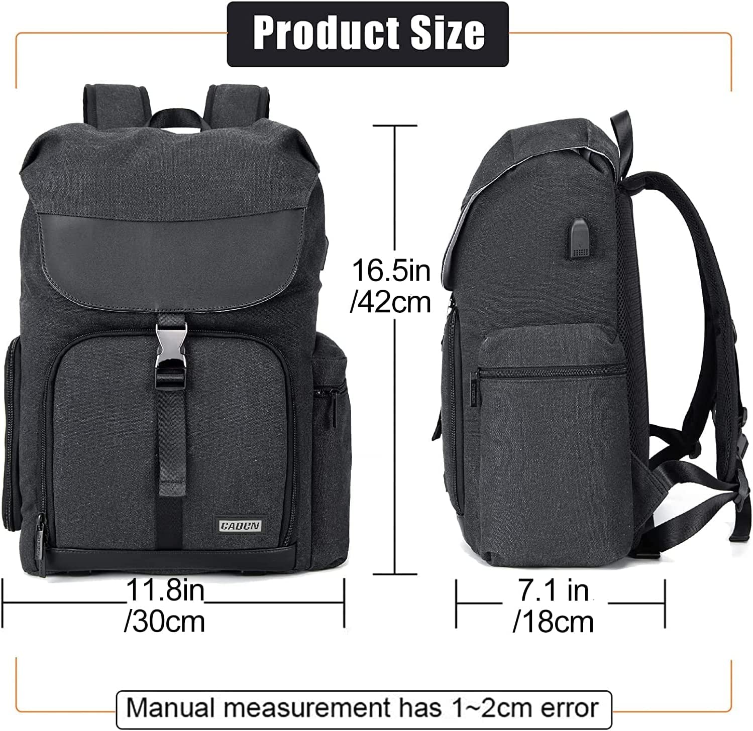 CADeN Kamerarucksack, Leinwand Professionell Fotorucksack Vintage Kameratasche 15.6''Laptopfach Kompatibel mit Canon Nikon Sony Pentax Objektiv und Stativ, Schwarz