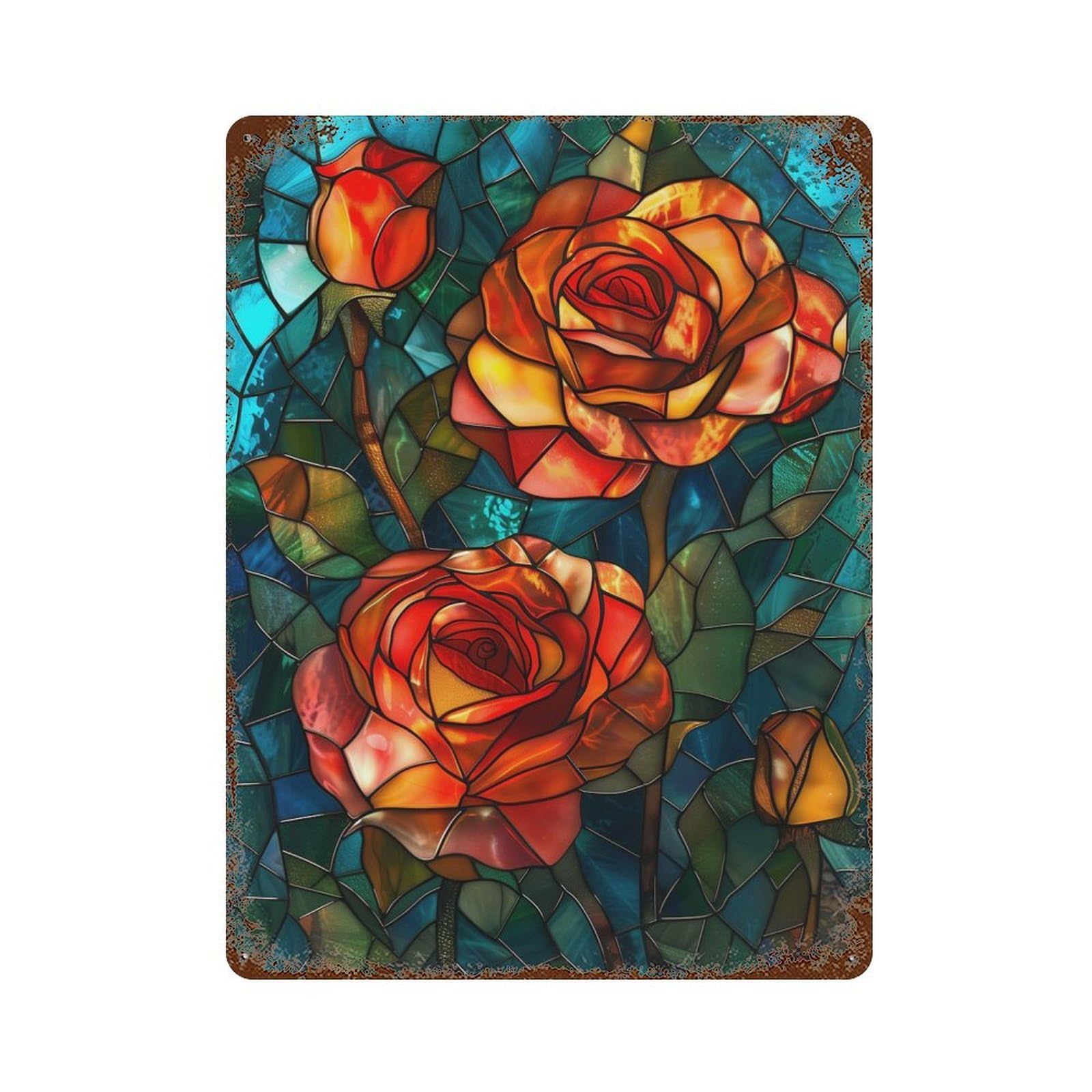 Stained Glass Roses Vintage Rust Metal Sign 15.7"x11.8", Farmhouse Wall Decor for Garage, Pub Or Kitchen