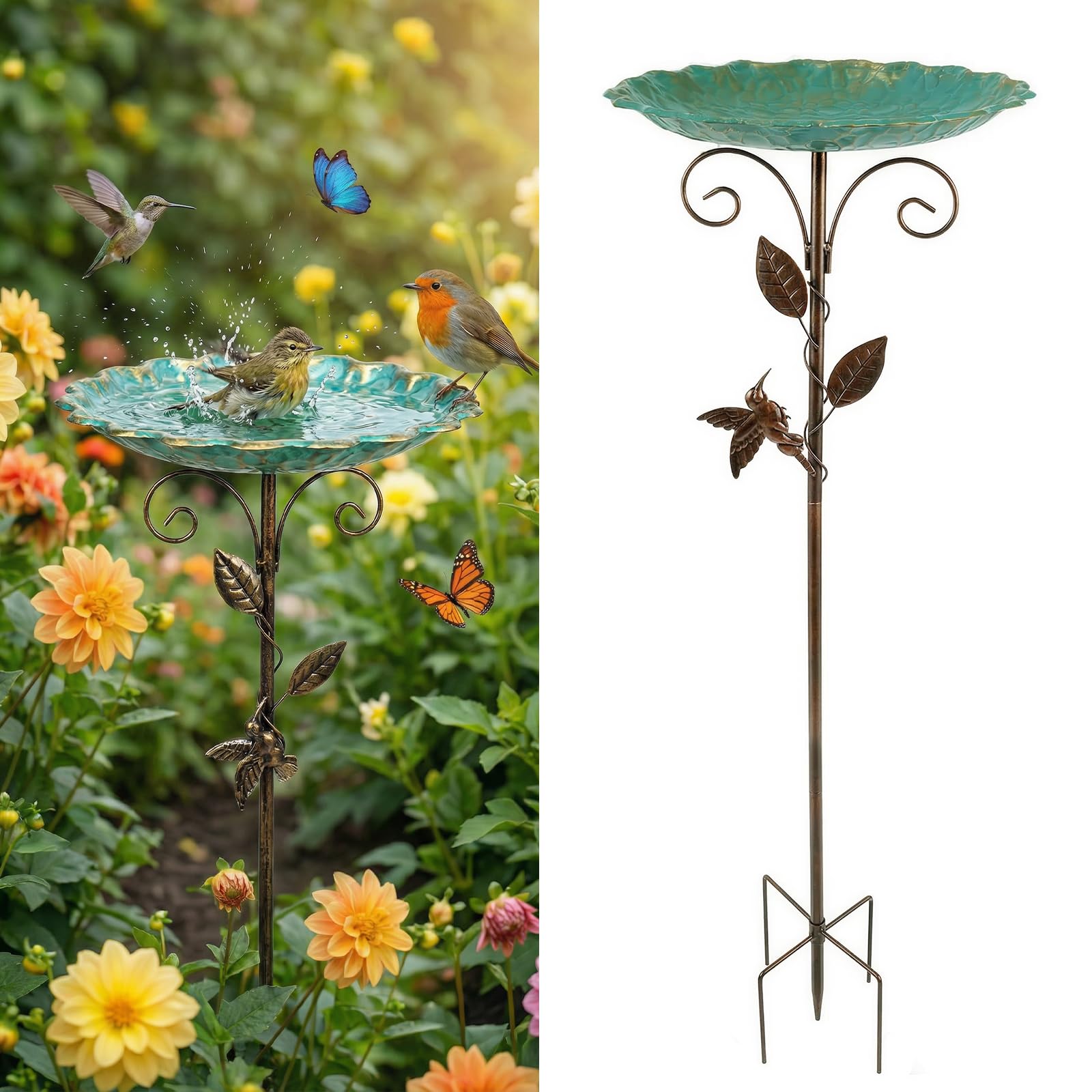 30In Metal Bird Bath for Garden, Vintage Freestanding Birdbaths & Supports, Double Bowl 2-in-1 Bird Feeders Detachable Bird Bath Water Station for Outdoors Garden Patio Yard Lawn Decor
