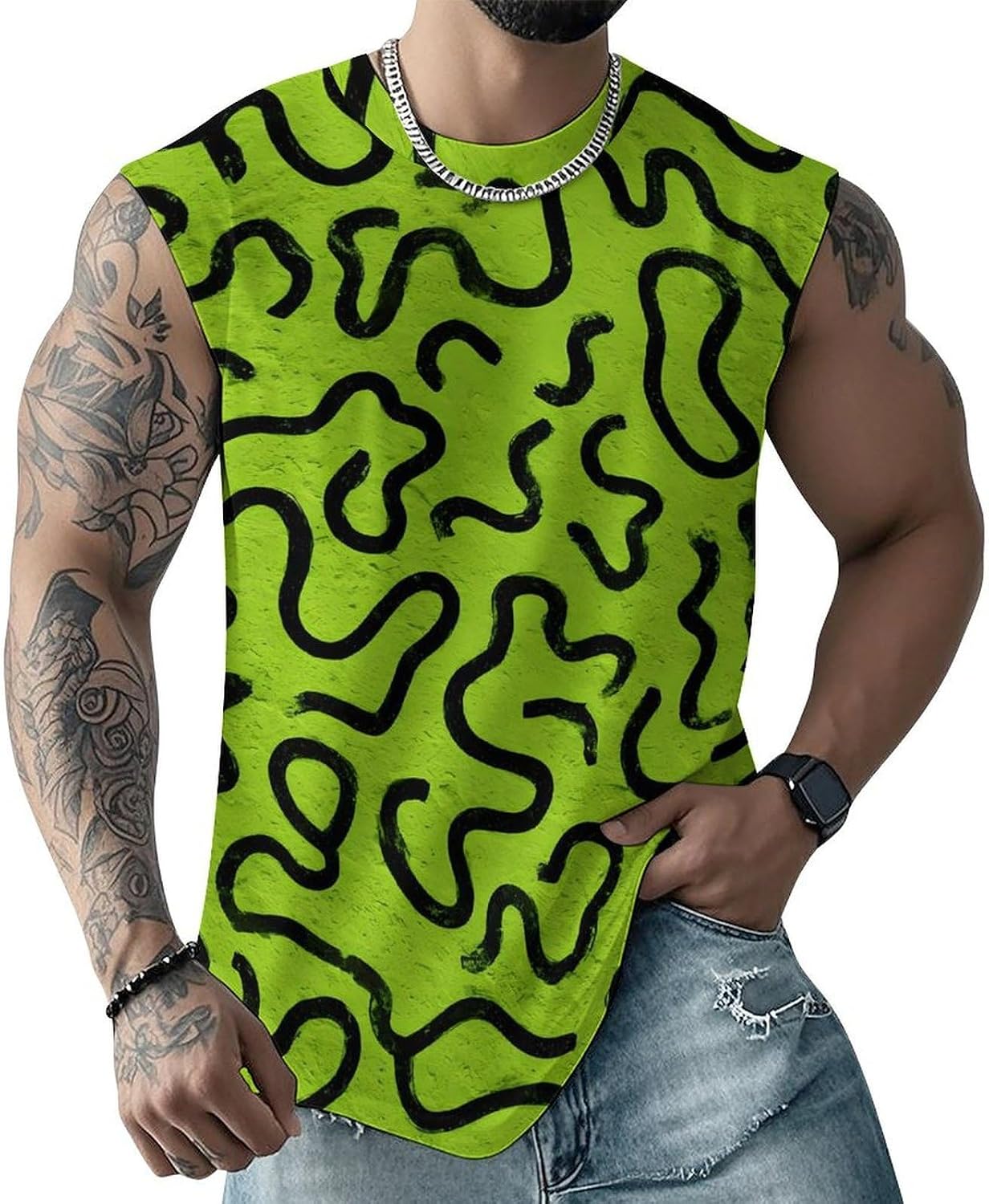 Green Brain-Like Texture Men Summer Sleeveless Crew Neck Top 5XL
