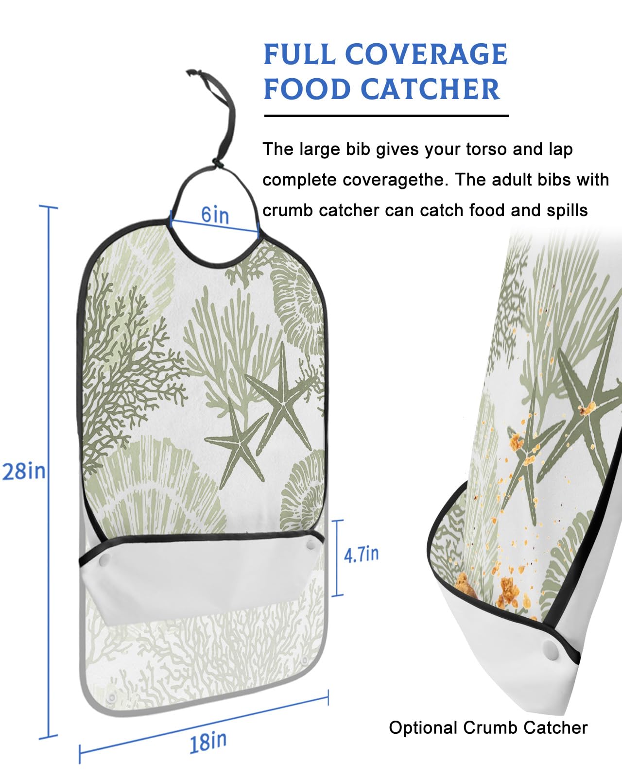 Kewadony Adult Bibs for Elderly Women - Teal Coral Waterproof Dining Clothing Protectors with Crumb Catcher for Eating/Feeding, Coastal Seaside Nautical Starfish Terry Cloth Bib Machine Washable