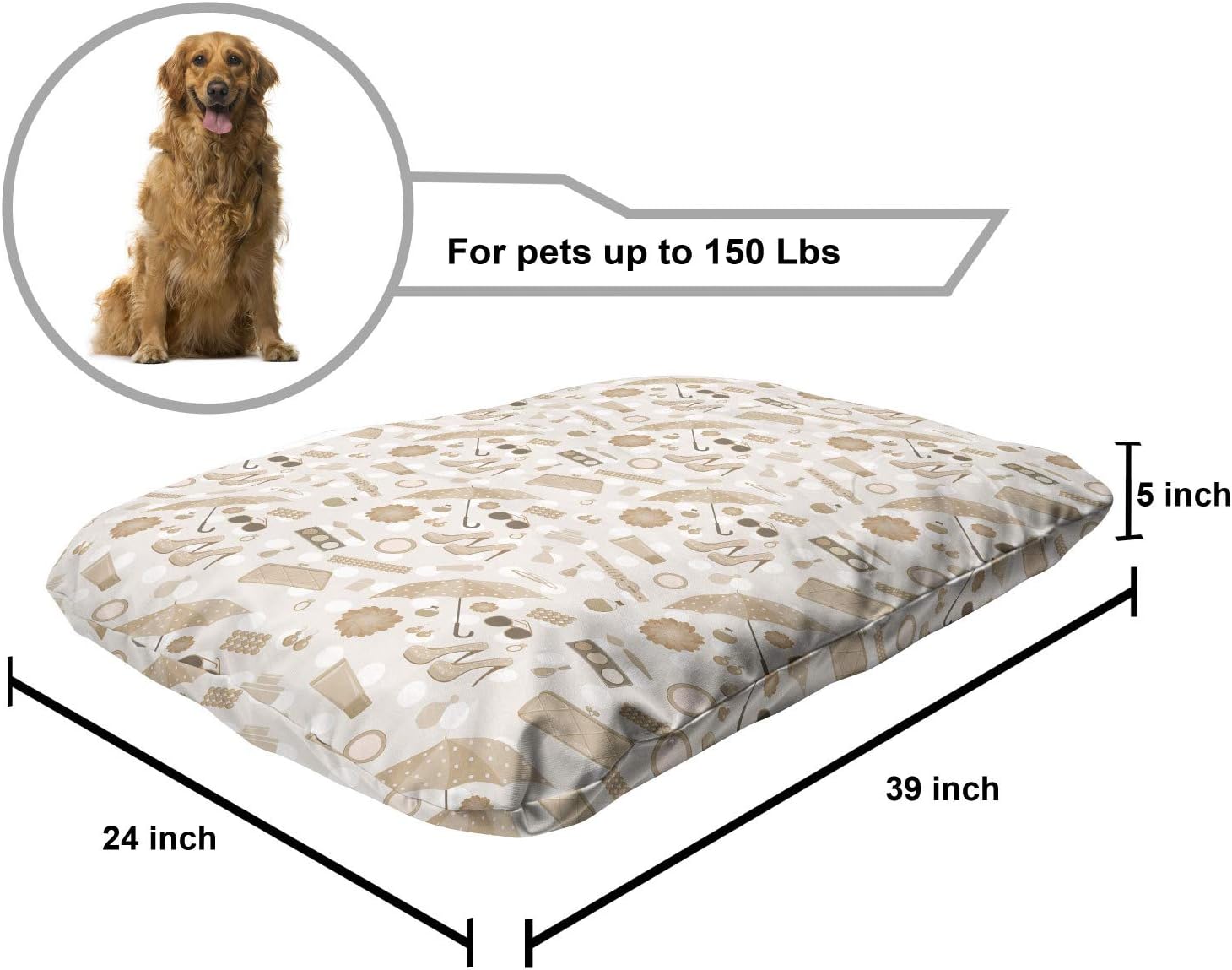 review Lunarable Beige Pet Bed, Vintage Styled Graphic with Polka Dot Umbrellas Heels Purses Artwork Print, Chew Resistant Pad for Dogs and Cats Cushion with Removable Cover, 24