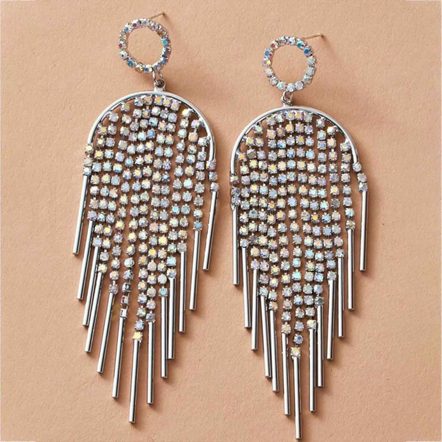 W WEILIRIAN Boho Crystal Tassel Drop Earrings Cz Circle Earrings Rhinestone Tassel Earrings Cz Tassel Chain Earrings Sparkly Bridal Wedding Earrings Jewelry for Women - Image 3