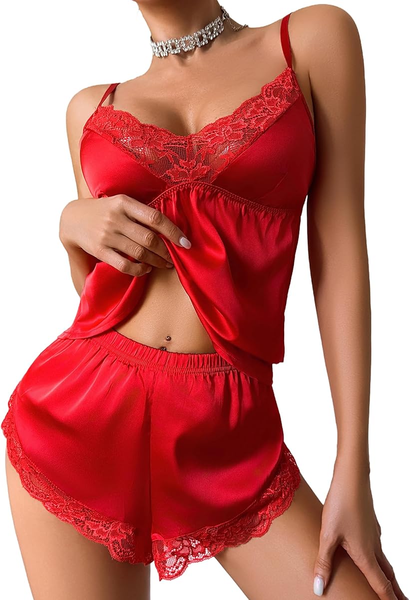 Pijamas de seda Ropa de dormir de encaje sexy Conjunto de pantalones cortos de lencería de 2 piezas | Conjuntos de pijama de satén para mujer, conjuntos de salón con cuello en V, cómodos, camisola y pantalones cortos, pijamas suaves para uso diario, hogar, fiesta o citas nocturnas