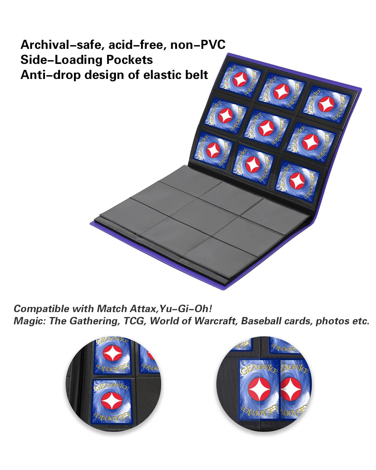 GEAoffice Carpeta de tarjetas de 9 bolsillos, 360 bolsillos para tarjetas estándar, carpeta de colección de tarjetas de carga lateral para MTG, TCG, tarjetas deportivas, (morado)