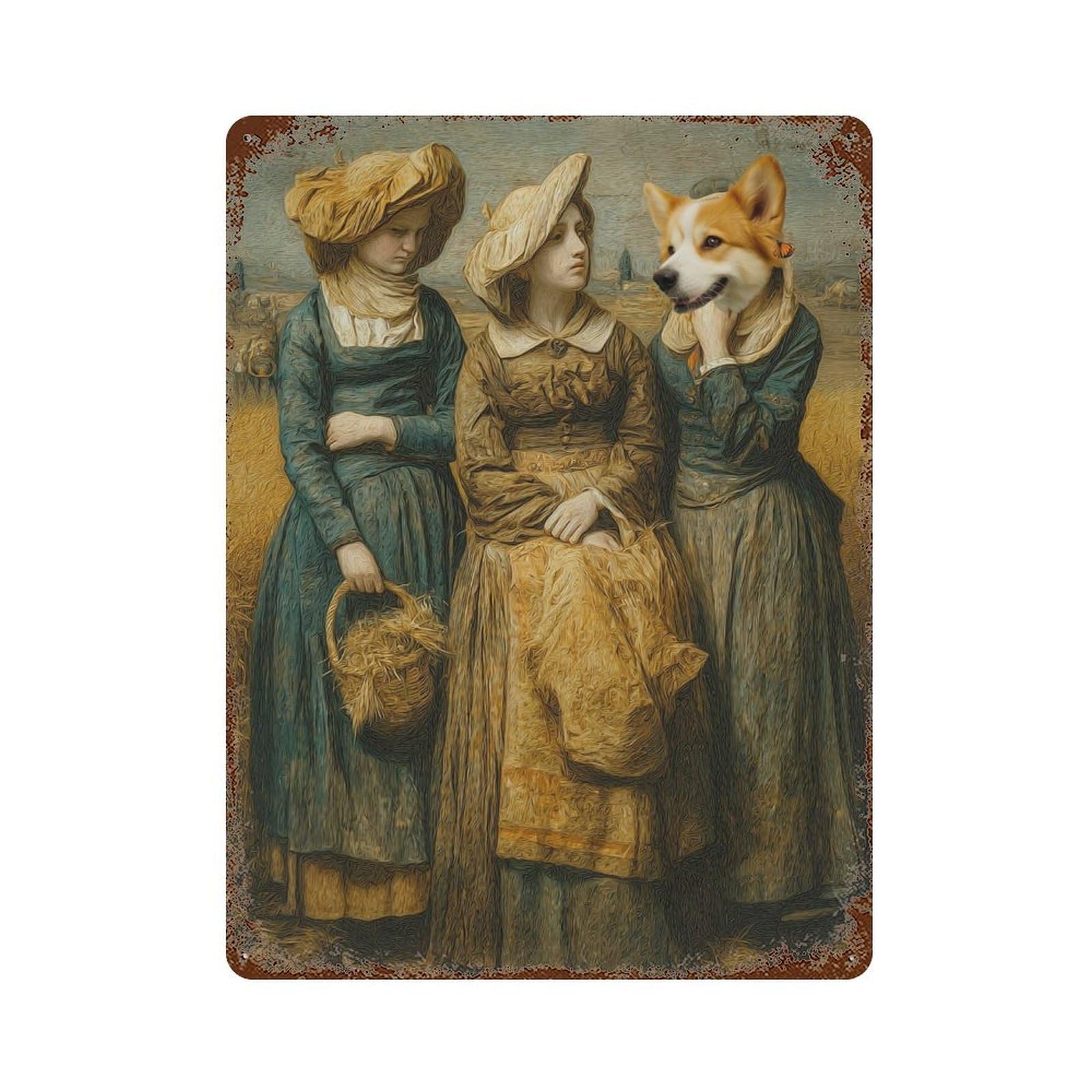 Vintage Women with Corgi Rust Effect Tin Sign 15.7"x11.8", Retro Wall Decor for Pub, Kitchen And Man Cave Decor