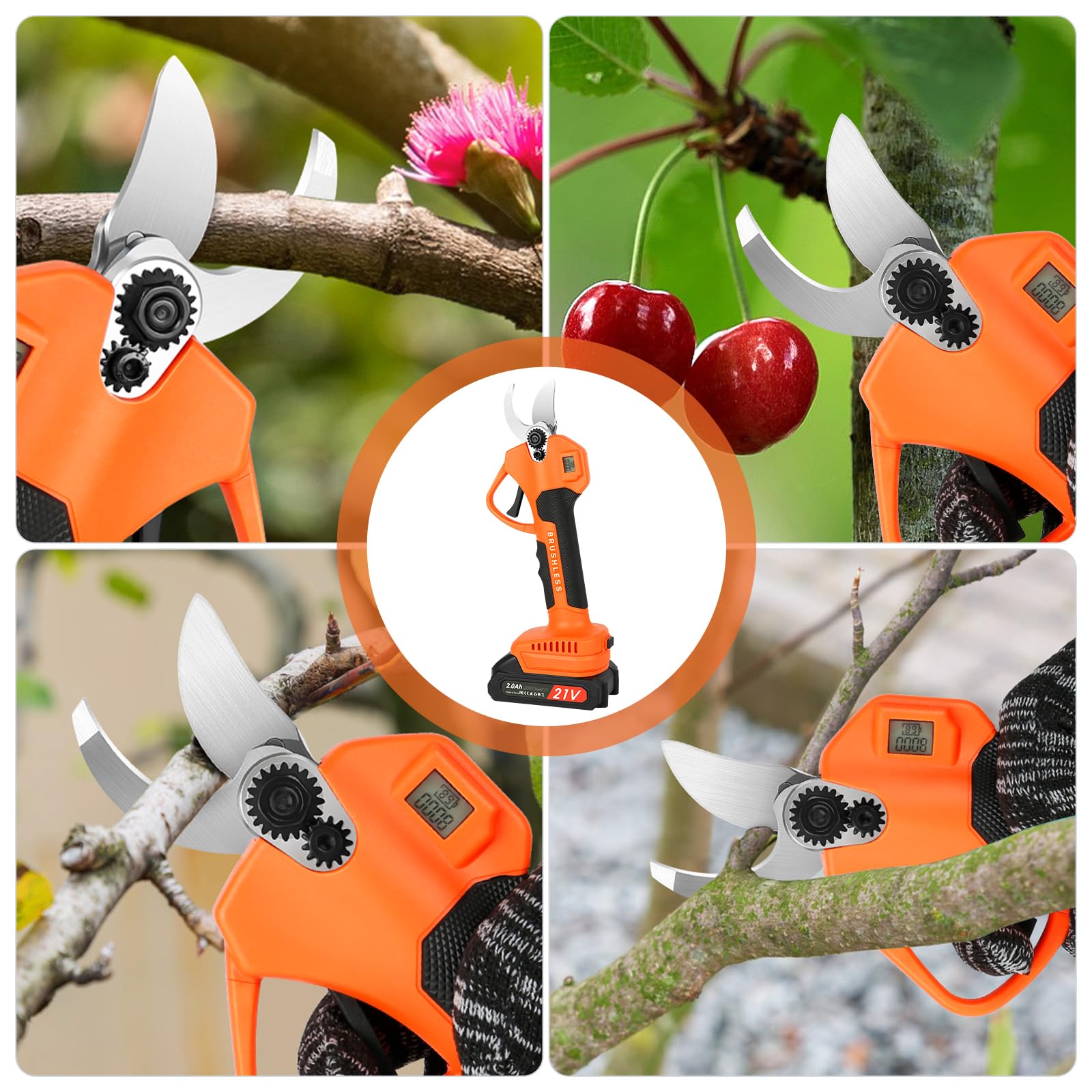 Forbici Potatura a Batteria, Forbici Elettriche Professionali da Potatura da Giardino con Écran LCD, 2 x 2000 mAh Batterie, 2 x SK5 Lame, Cesoie a Batteria Portatili Senza Fili per Frutteti, Giardini