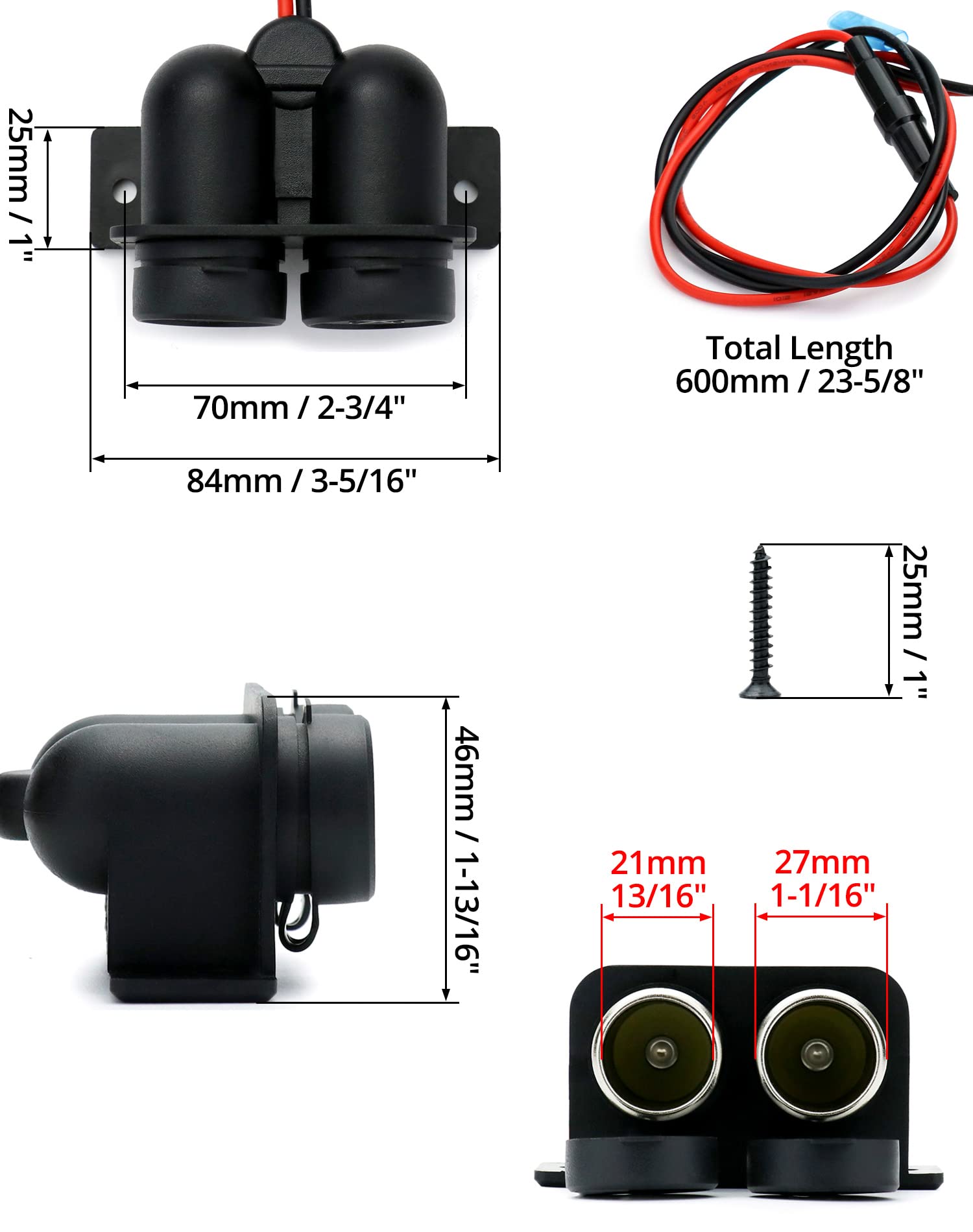 QWORK® Gniazdo zapalniczki samochodowej Wodoodporne gniazdo DC 12 V z kablem połączeniowym 60 cm i bezpiecznikiem do łodzi, samochodów, motocykli
