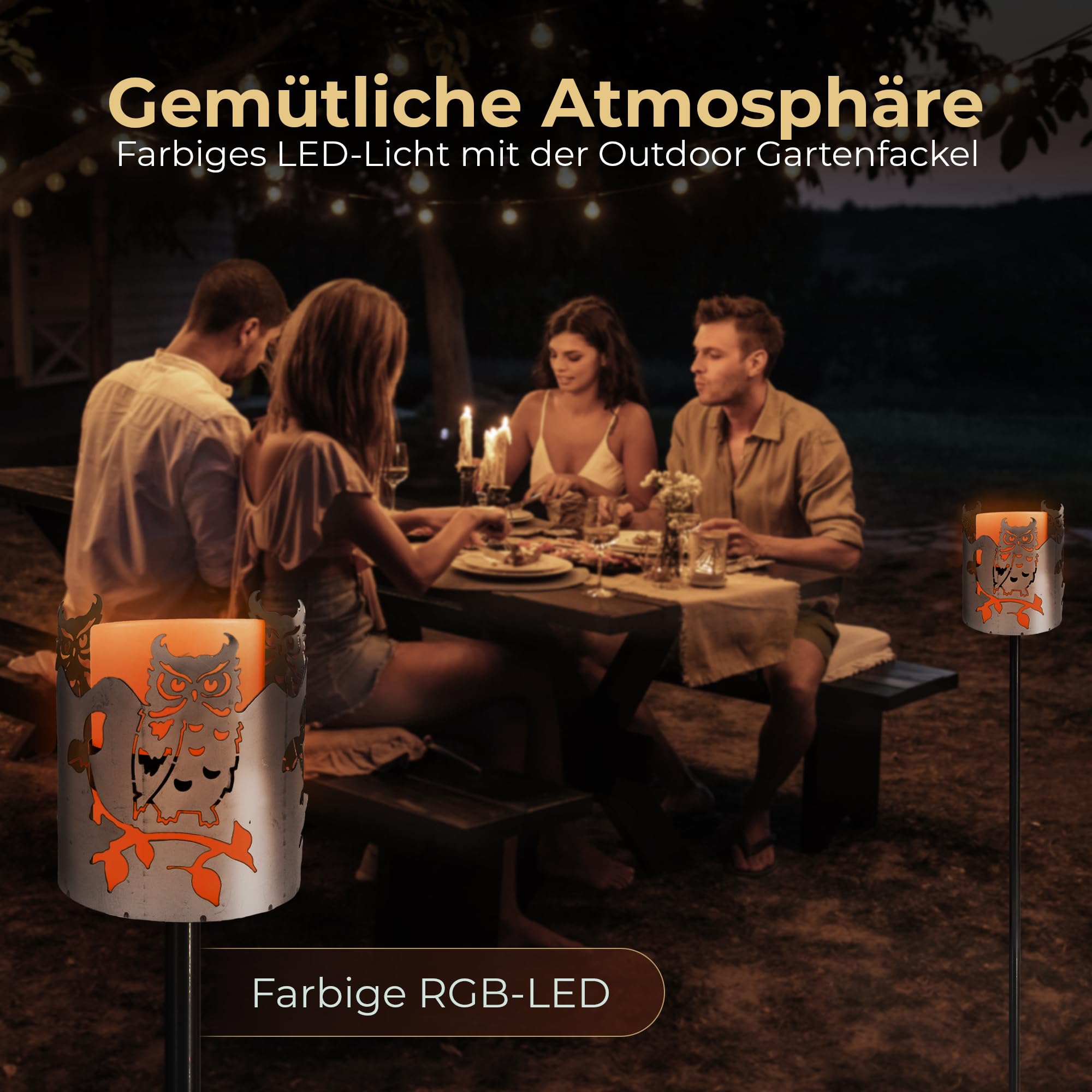 Gartenfackel RGB LED Leuchte Motiv Eule - Rost Lampe Gartenlampe RGB LED Leuchte für draußen Gartenleuchte Fackel Garten