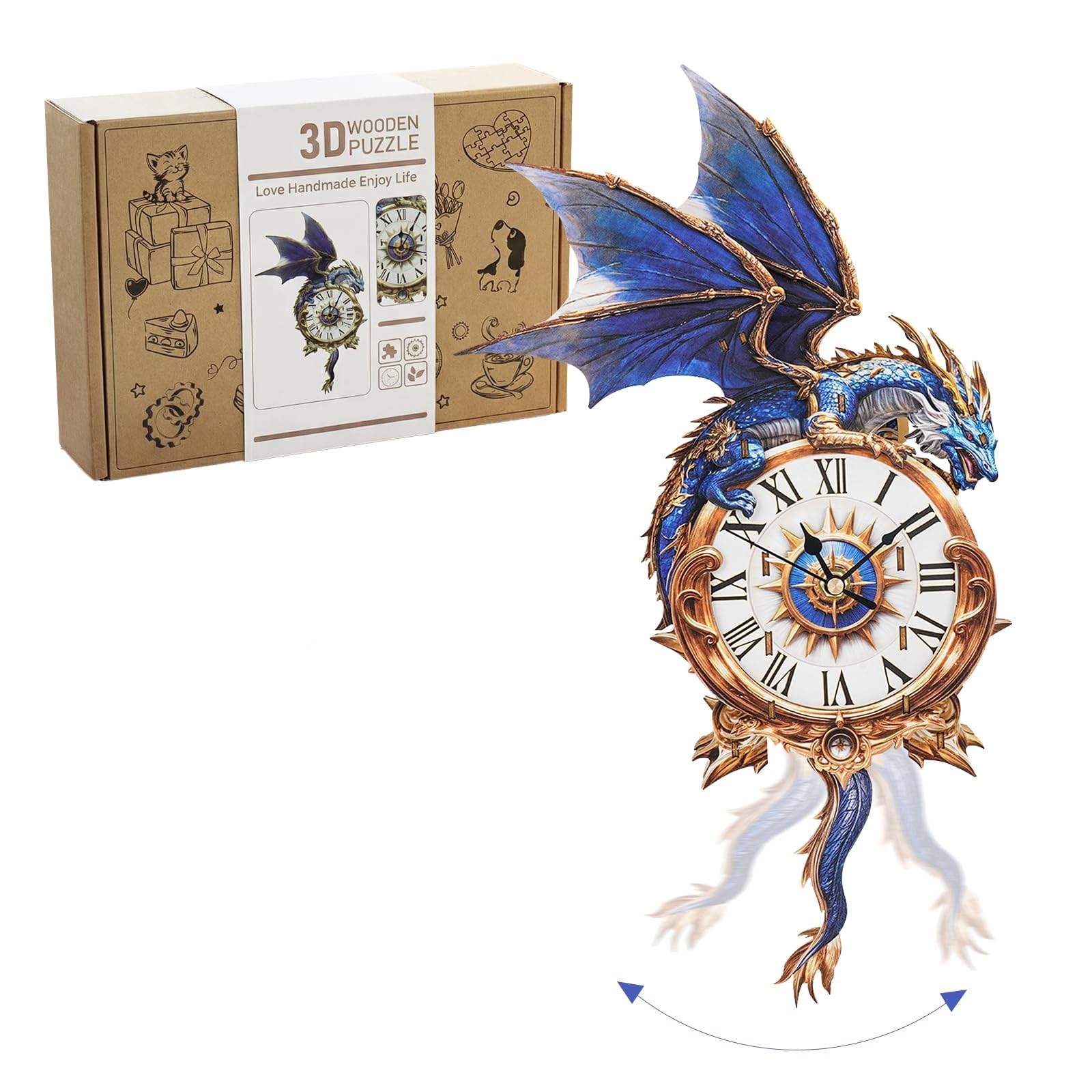 3D Holz Drachen Uhr Puzzle für Erwachsene - Mechanisches Modellbausatz mit Pendel & Glockenspiel, DIY Wanduhr für Home Office Decor, Weihnachten Drachen Geschenke Ornament für Männer Frauen
