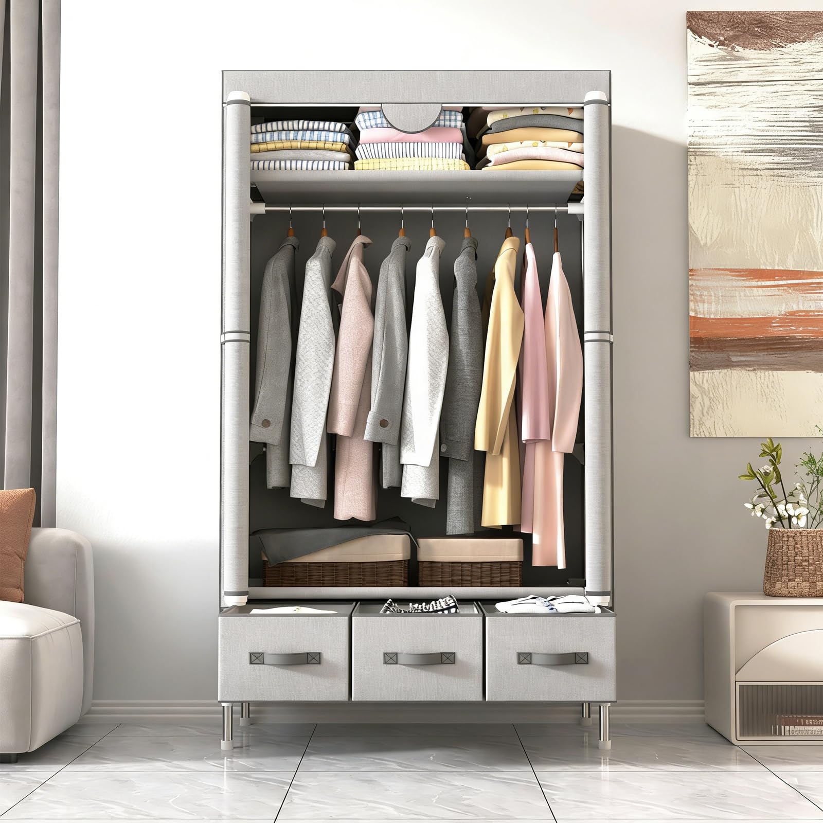 Anmas Power Portable Canvas Wardrobe with 3 Drawers and Shelves, 90 x 45 x 170 cm, Ash-White