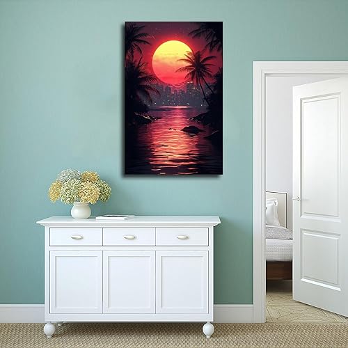 Miniatura 4 de ZMLIS Futuristic Vaporwave Retro Wall Art  Neon Grid Palm Trees City  Synthwave Style 80s Digital Print Canvas Wall Art Print Poster For Home School