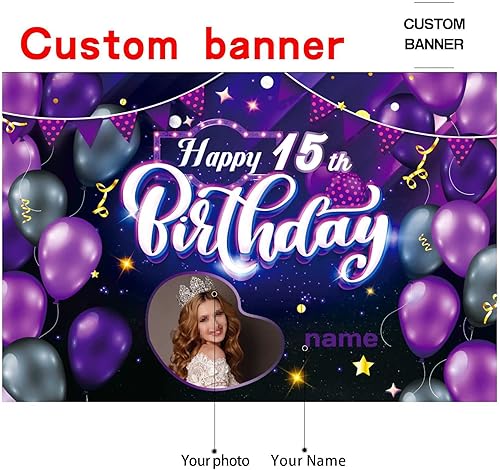 Miniatura 2 de Cartel decorativo personalizado de feliz cumpleaños número 15, personalización, morado, tamaños grandes, soporta fotos y nombres personalizados
