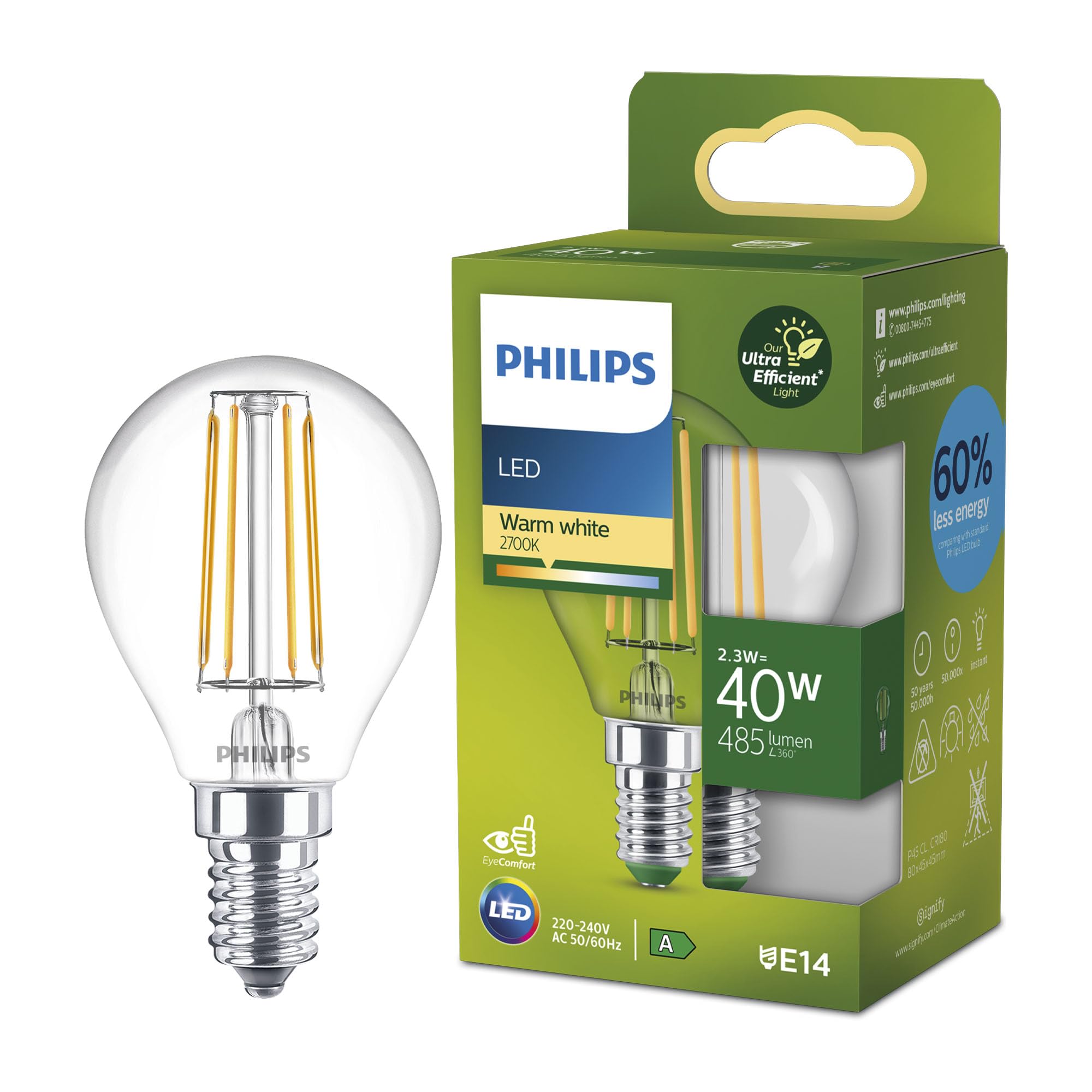 2x Philips Ultra Efficient LED Light Bulb Clear 40W E14 Warm White 2700K