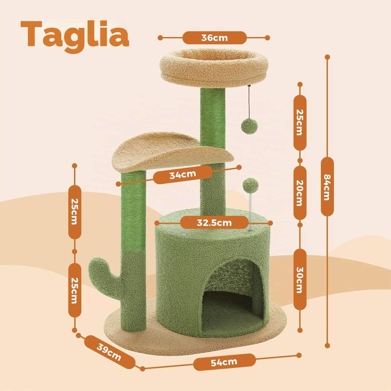 PETEPELA Tiragraffi da 78 cm, moderno cactus, per gatti di piccole dimensioni, dimensioni medie, con grotta di peluche, sfera in sisal