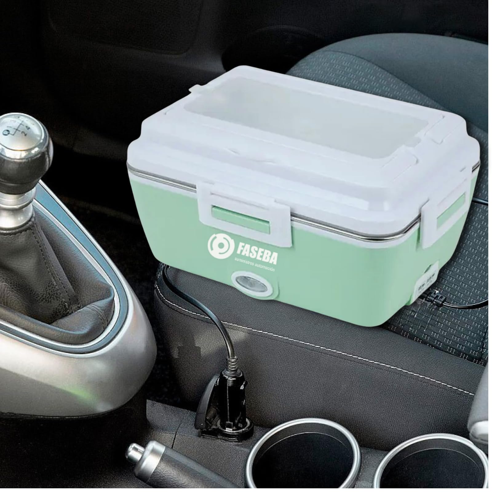 FASEBA Fiambrera Electrica para camión o coche Portátil 40W con capacidad de 1,8 L - 12/24 V, recipiente hermetico bandeja y cubiertos de acero inoxidable, cable de 80 cm. (Verde)