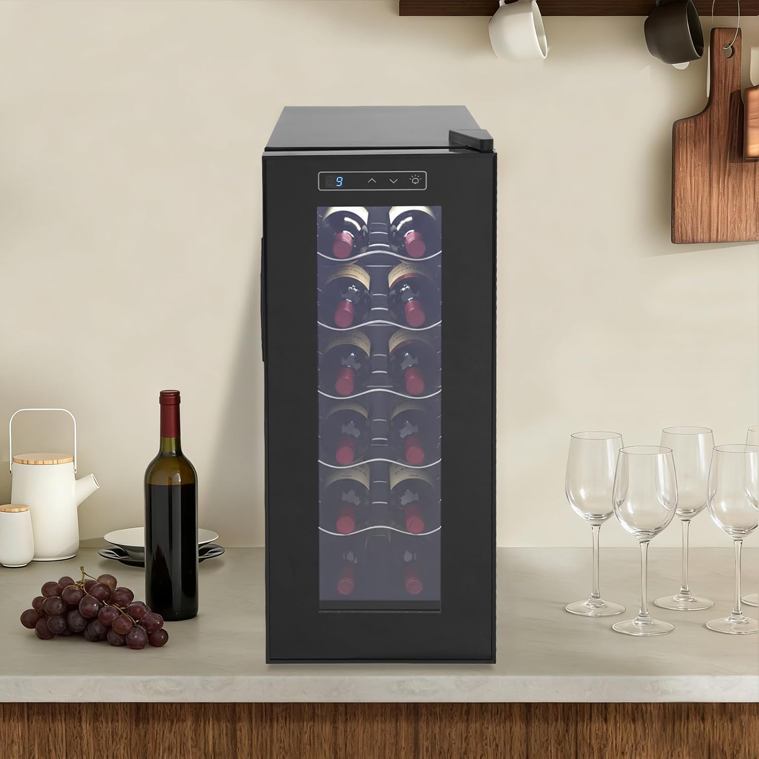 12 bottle Wine Cooler Refrigerator, Freestanding Compressor Wine Fridge with Adjustable Temperature and Digital Control, Mini Fridge with Glass Door for Red White Wine, Beer, Black