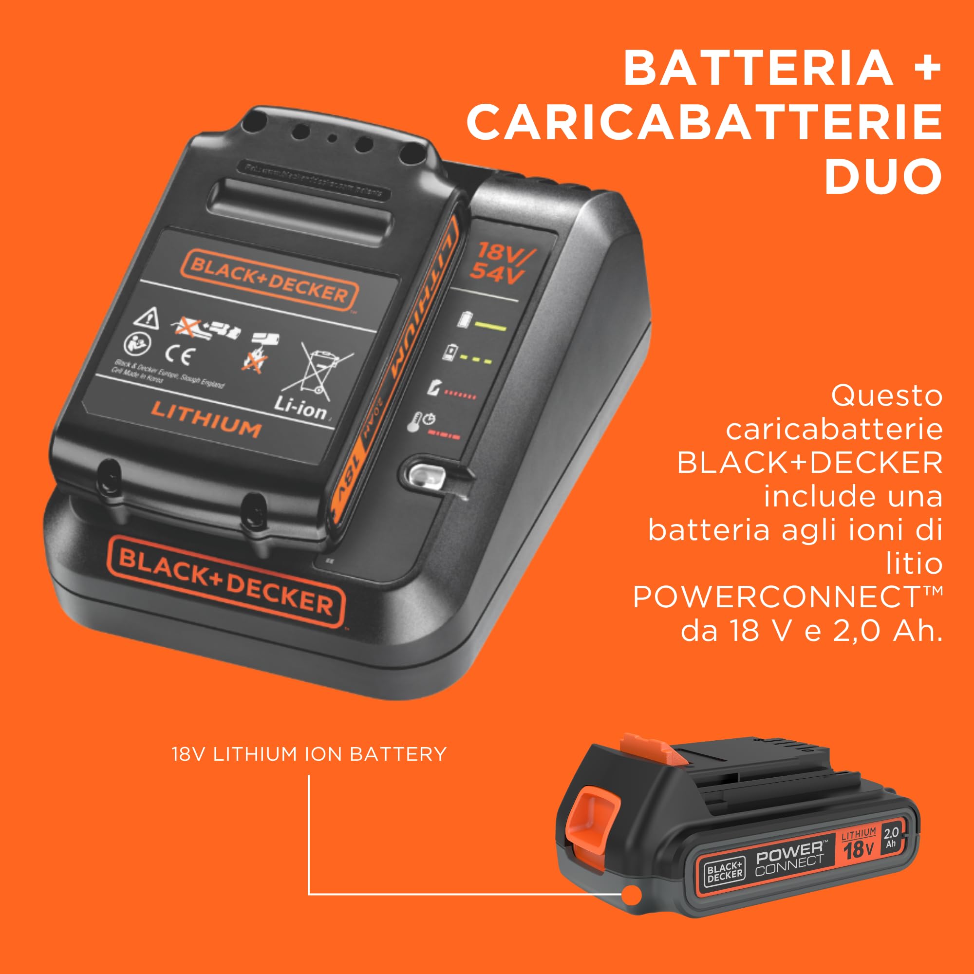 BLACK+DECKER Kit di avviamento con batteria e caricabatterie da 18V, con batteria agli ioni di litio da 2.0Ah e caricabatterie rapido da 2A Compatibile con POWERCONECT, BDC2A20-QW