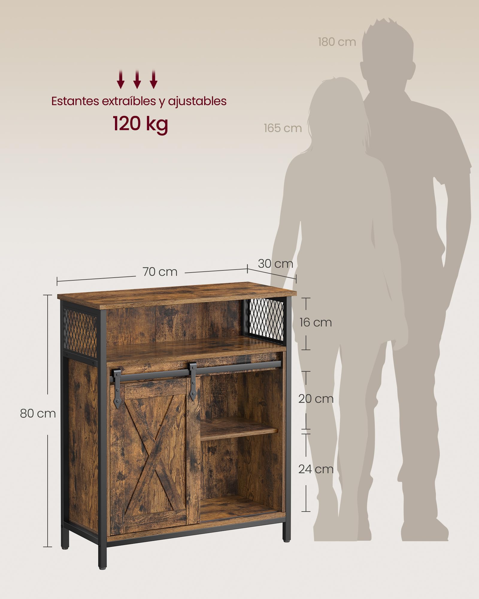 VASAGLE Aparador, Armario de Cocina, Armario de Almacenamiento, con Puerta Corredera, 30 x 70 x 80 cm, Estantes Ajustables, para Salón, Marrón Rústico y Negro Tinta LSC089B01