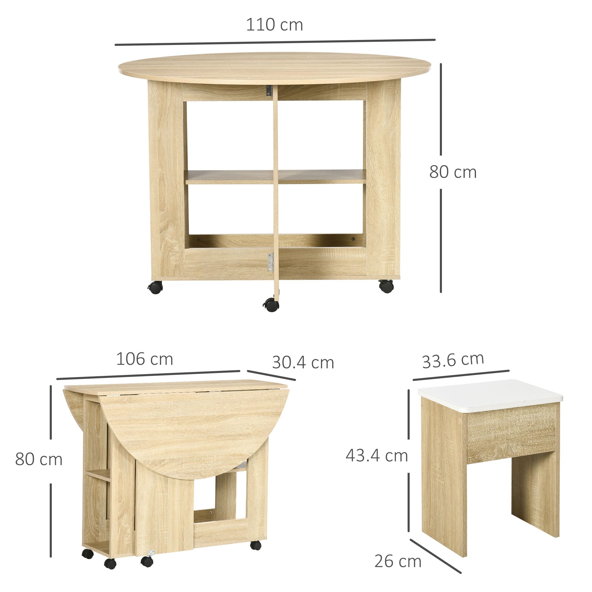 HOMCOM Set Tavolo e Sedie 5 Pezzi in Truciolato, Tavolo Rotondo Pieghevole con 2 Ripiani Aperti e 4 Sgabelli color Rovere