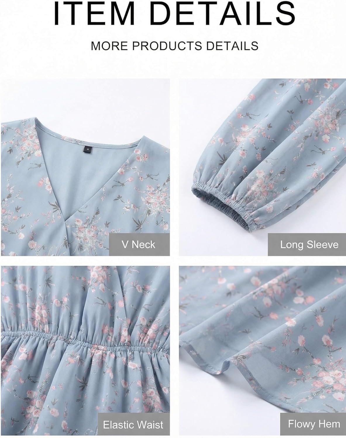 DERAX Women's Boho Floral Mini Dresses Fall V Neck Chiffon Long Peasant Sleeves 2026 Spring Short Dress - Image 4