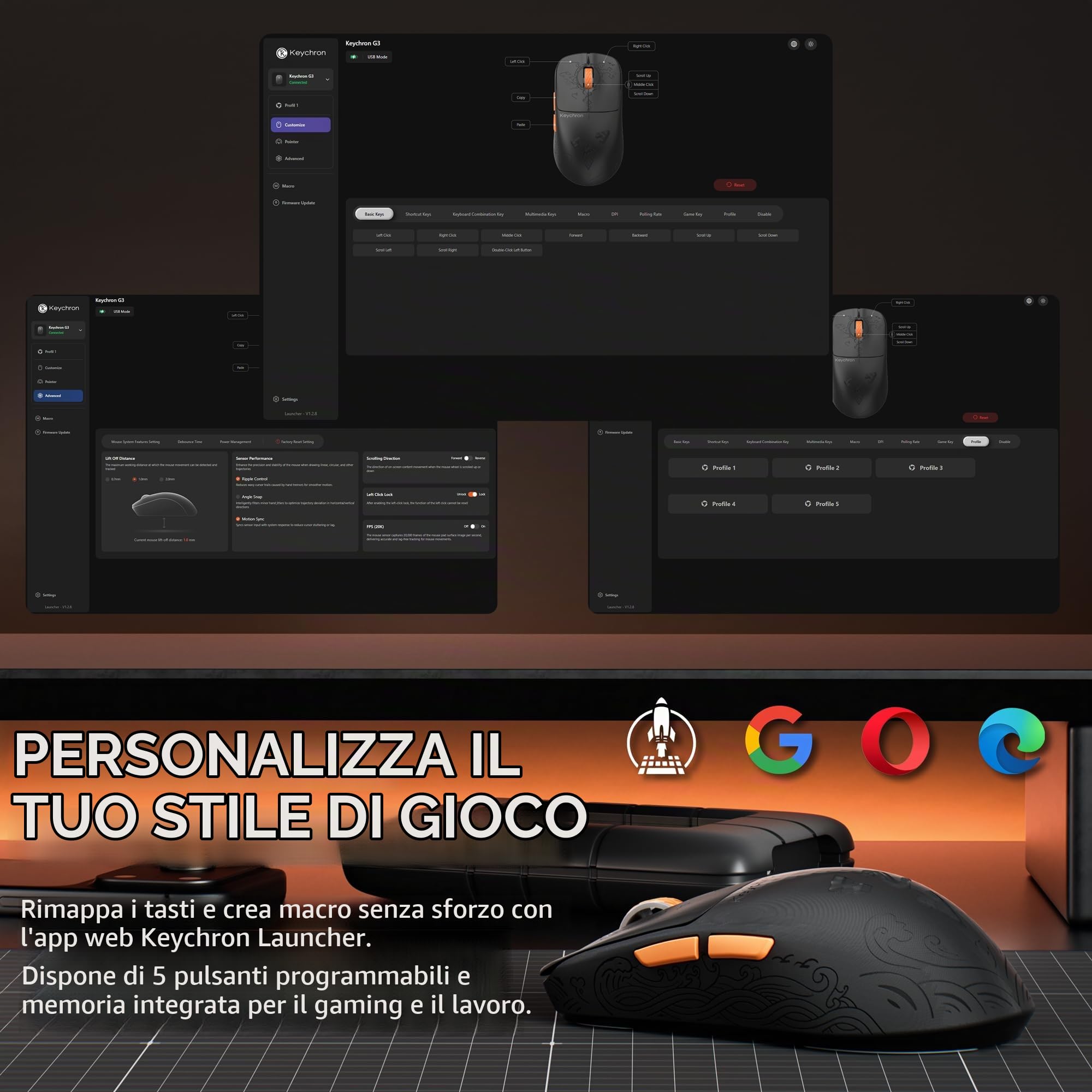 Keychron G3 8K Mouse Gaming Wireless in Fibra di Carbonio, 30000 DPI, Sensore PAW 3950, ultraleggero 44g, 2,4 GHz/BT 5.3/USB-C, 5 Pulsanti Programmabili, 160 Ore d‘Autonomia, Ideale per eSport e FPS