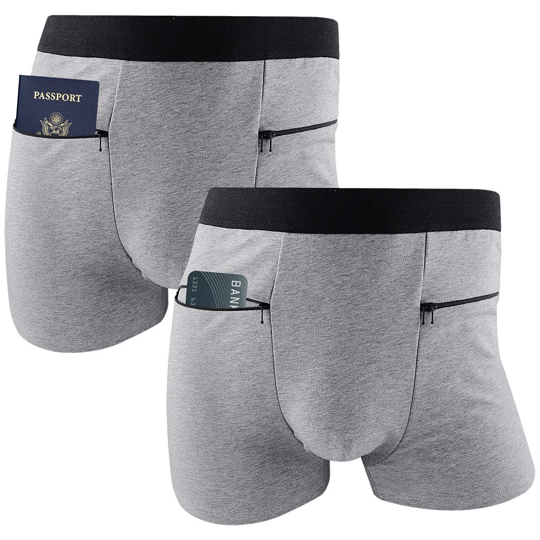 H&R2 Packs Men's Boxer Briefs Secret Hidden Pocket, Travel Underwear with Secret Front Stash Pocket Panties (Gray)