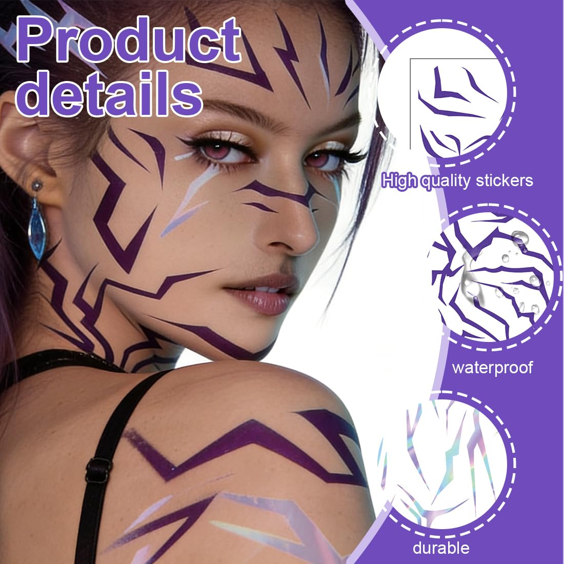 4pcs Tatuaggio Adesivo Viola,Tatuaggi Temporanei Da Costume,Per Cosplay,Carnevale,Halloween,Serate Sul Palco