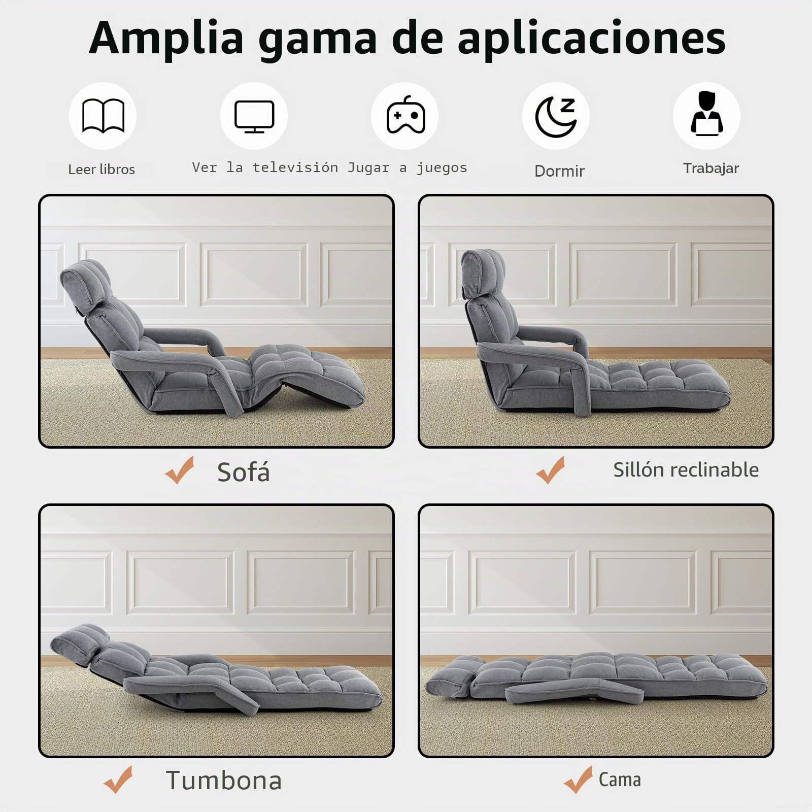 GOPLUS Sillón Relax Reclinable en 6 Posiciones, Sillla Suelo Plegable con Cojín Acolchado, Sofá Orejero Individual para Lectura y Gamer en Dormitorio,196 x 72 x 19.5 cm, Gris (Gris Oscuro)