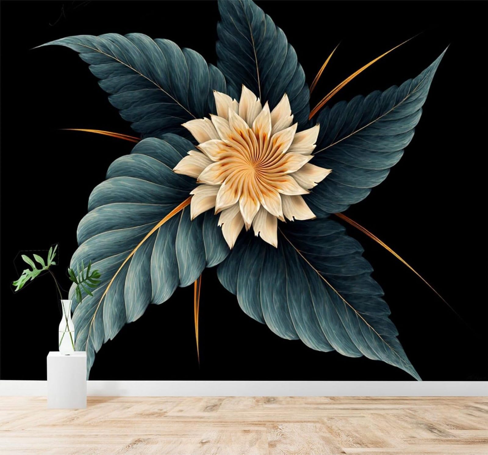 3D Papel Pintado Tridimensional Flores De Color Beige Hojas Azules Negro
