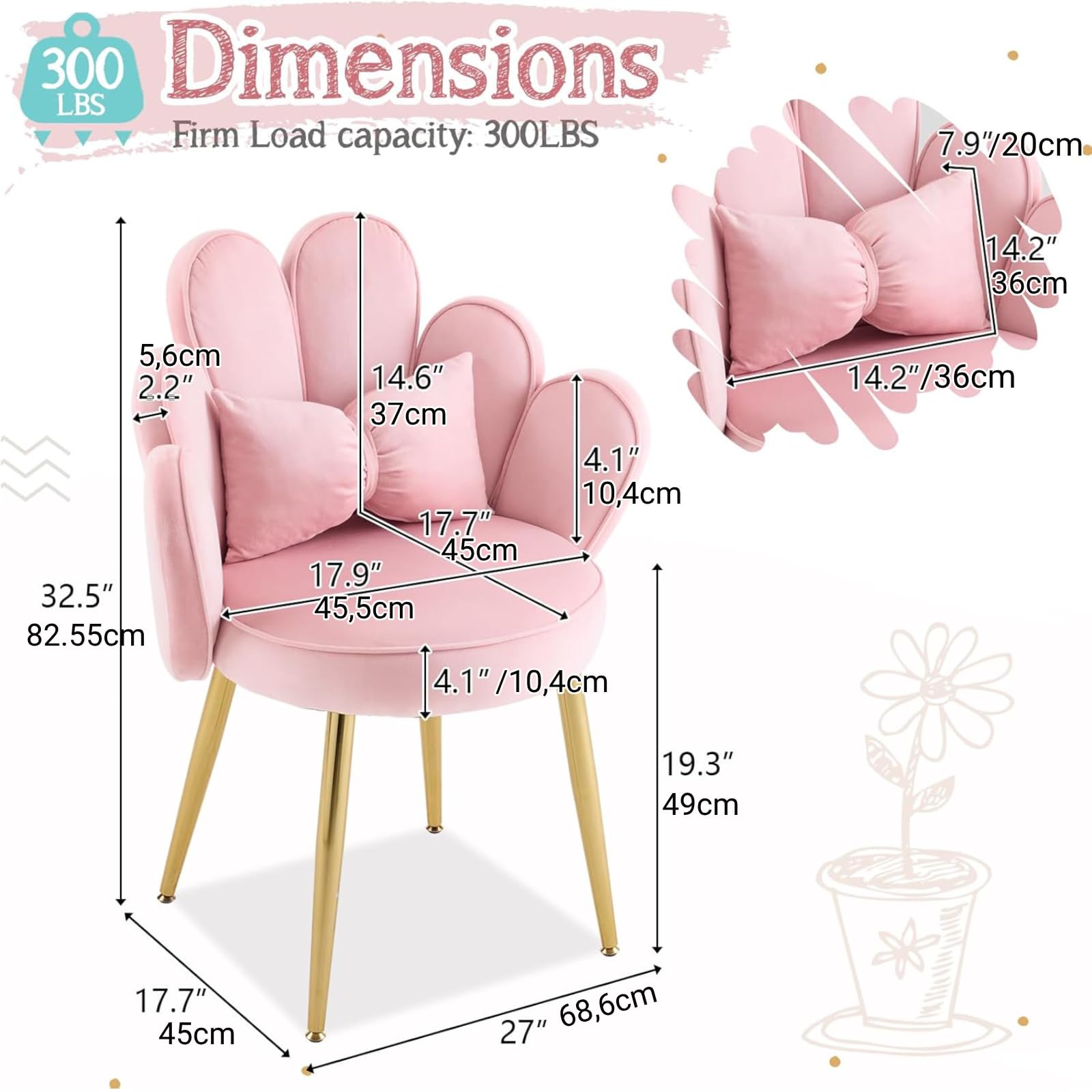 Schminktisch Stuhl mit Blütenblatt-Rückenlehne, Sessel Wohnzimmer, Lesesessel mit Schleifenkissen (Rosa)