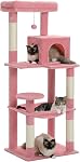 PEQULTI Arbre de chat pour grands chats avec grand perchoir haut, [56,3''=143cm] Tour multi-niveaux pour chats avec sac de couchage, étagères de chat avec des poteaux de scratching et 2 Maisons de condos, Beige, Arbre de couchage