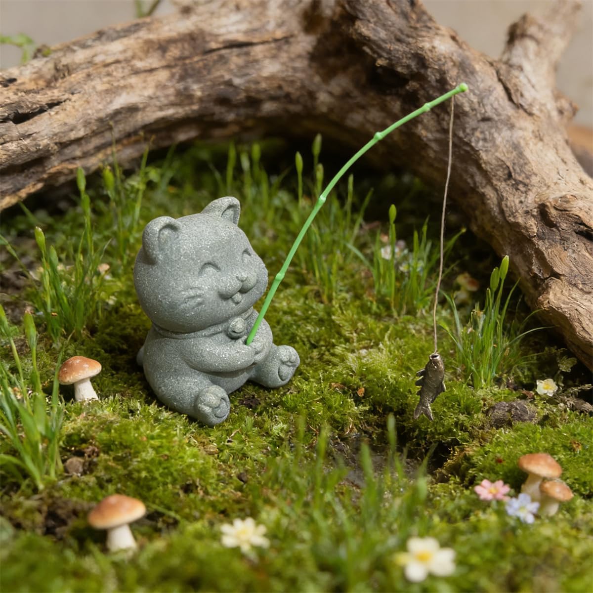 Animal Fishing Statue Sandstone Sitting Fisherman Figurines, Fishing Cat image 2