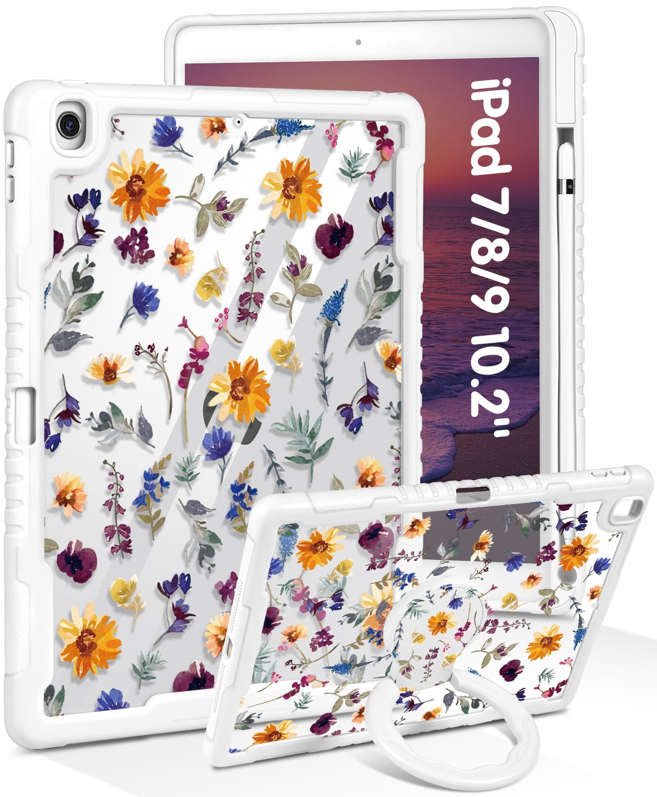 Uppuppy for iPad 9th/8th/7th Generation Case, for iPad Air 3/ Pro 10.5 2017 - Women Girls Cute with Pencil Holder&Stand Clear Cover Girly Floral