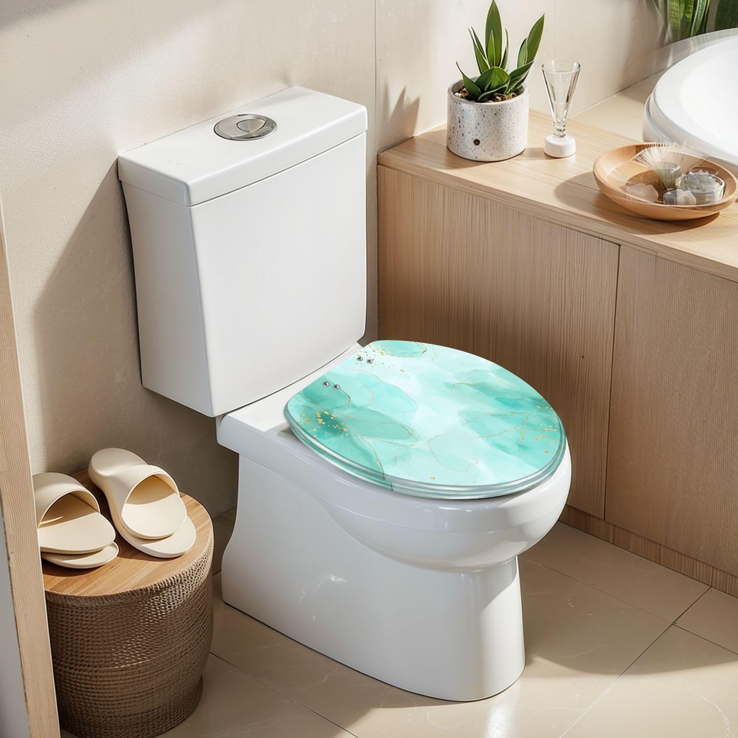 Länglicher WC-Sitz mit Absenkautomatik, Türkis-Mint, Aquarell-Marmor-Gold-Optik, Pinsel-Beize, Harz, Schnellverschluss-Scharniere, leicht zu reinigende Puffer, Montage