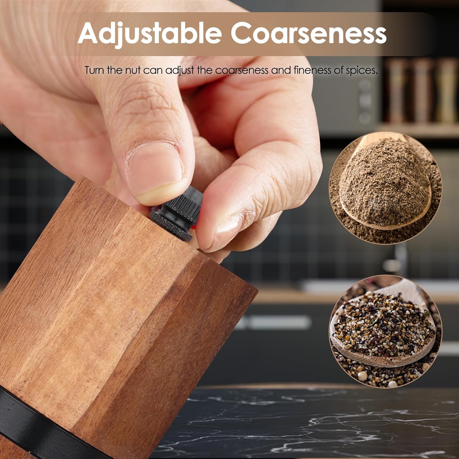 Wooden Salt and Pepper Grinder Set with Wooden Tray and Spoon, 8 Inch Manual Salt and Pepper Mill, Adjustable Coarseness, Refillable Pepper Grinder with Ceramic Core for Kitchen, Octagonal