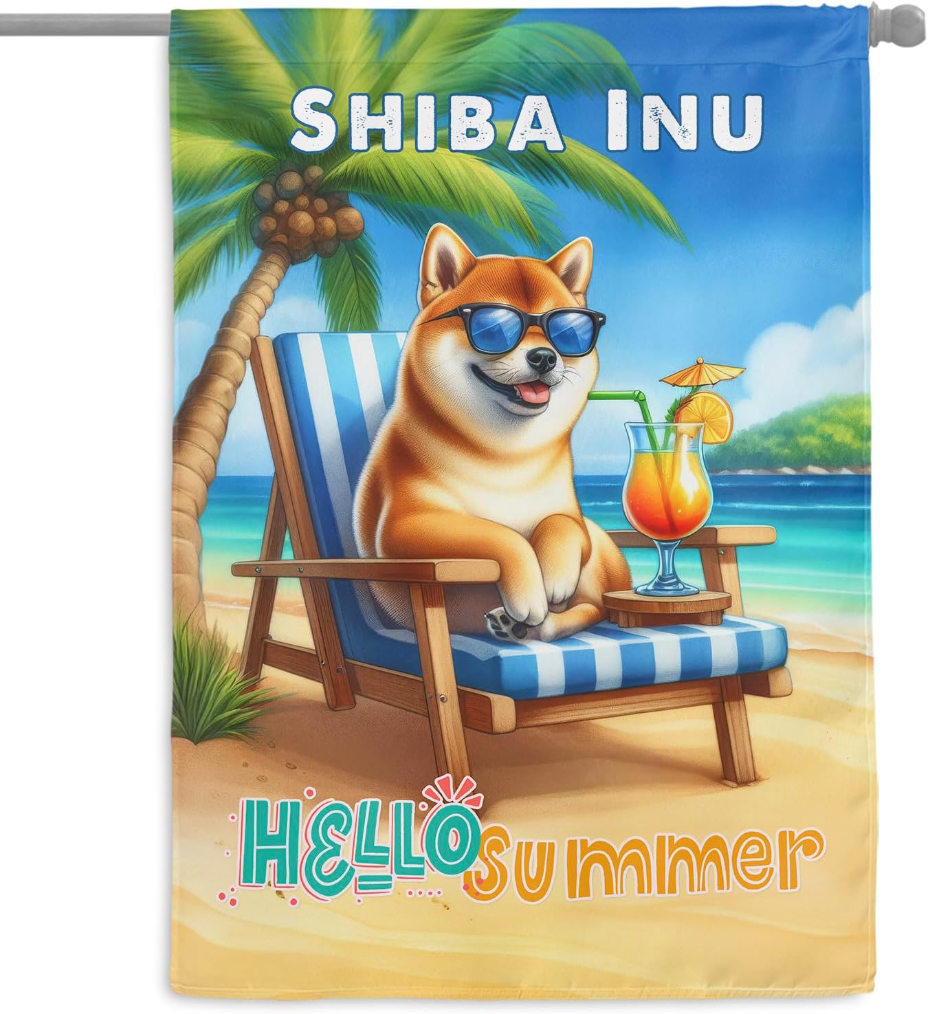 Personalized Custom Name Yorkshire Terrier Hello Summer Beach Theme with Sunglasses and Tropical Cocktail House Flag 28x40in Double Sided Yorkie Dog Lover Gifts Idea Outdoor Decor - 009