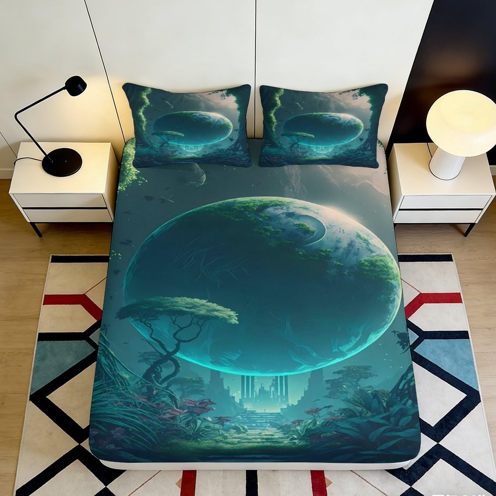 3D Printed Deep Ocean Planet Fitted Sheet Microfiber Soft Anti-Slip Cosmic Jellyfish Mattress Cover Bedroom Decor 90x200x25cm