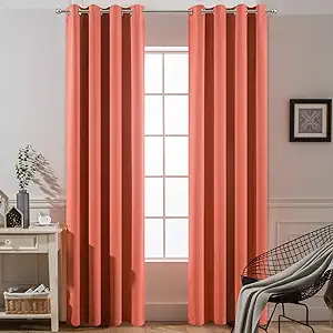 Yakamok 96 inch Long Solid Blackout Curtains with Grommet, Room Darkening Thermal Insulated Window Drapes for Bedroom (52x96 Inch, Coral Orange, 2 Panels)