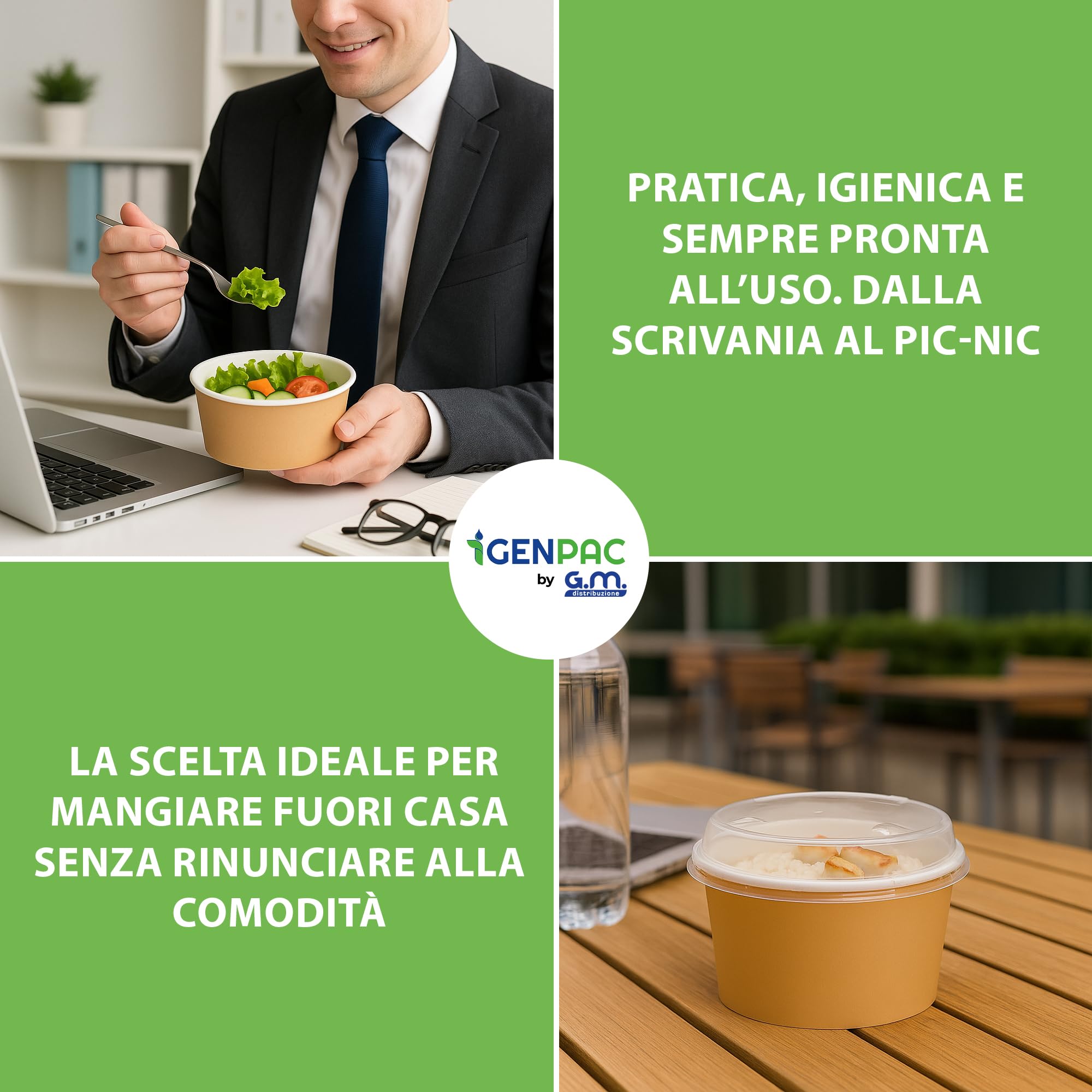 Contenitori Alimentari GM 50 Insalatiere Carta Avana 1000 ml Coperchio Trasparente Diametro 15 cm