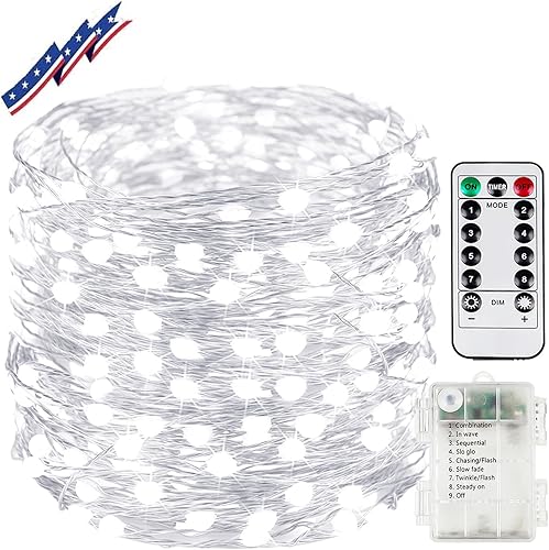 Guirnalda de 200 luces LED enchufables de 66 pies, impermeable, funciona con pilas con control remoto para interiores y exteriores, 8 modos de luces