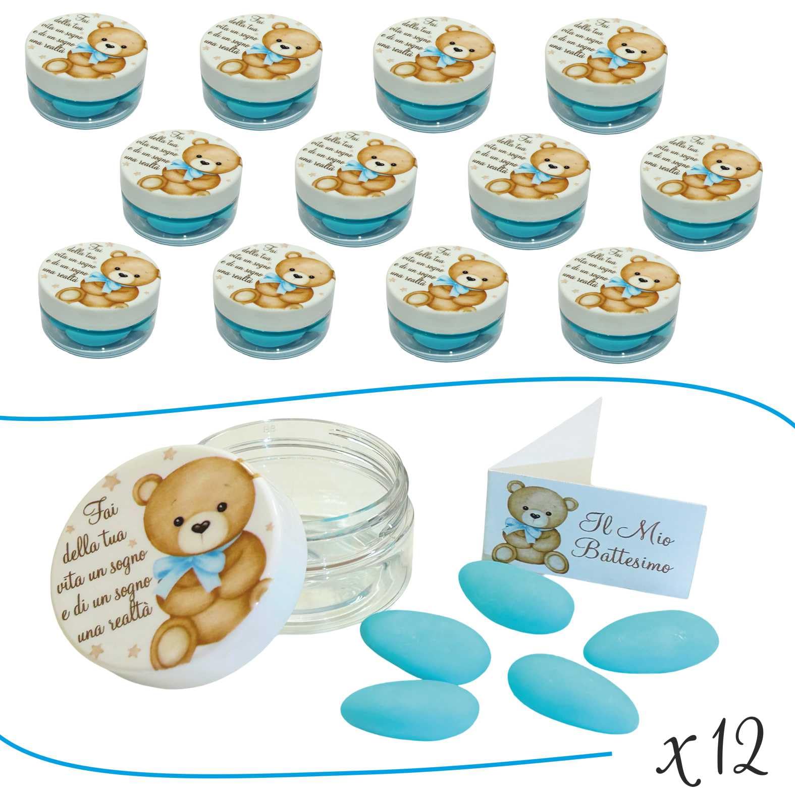 Regalami.Shop Set 12 Scatoline Orsetto Bomboniere con 5 Confetti Celesti alla Mandorla e Bigliettini Tematici (Celeste)