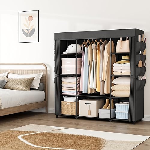Miniatura 8 de Armario portátil para colgar ropa de 57.3 pulgadas, armario de gran capacidad con tapa, 8 bolsillos y 1 barra para colgar, organizador de armario de