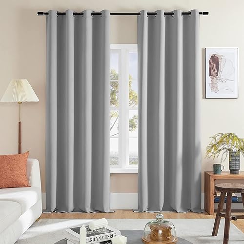 Rutterllow Blackout Curtains for Bedroom, Thermal Insulated Noise Reducing Window Drapes for Living Room, Grommet Top (52W X 95L Inch, Light Grey)