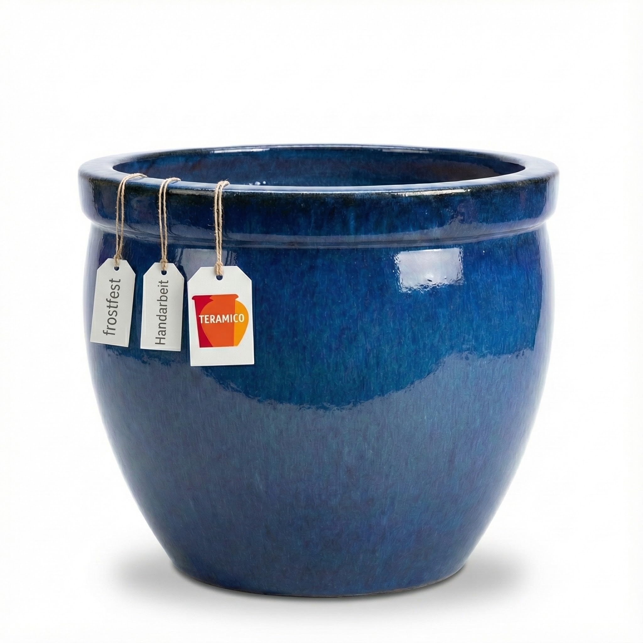 Teramico Vaso per piante in gres fatto a mano, in ceramica, resistente al gelo con foro di scarico, resistente alle intemperie, ideale per interni ed esterni (blu reale, 29 cm x 23 cm)