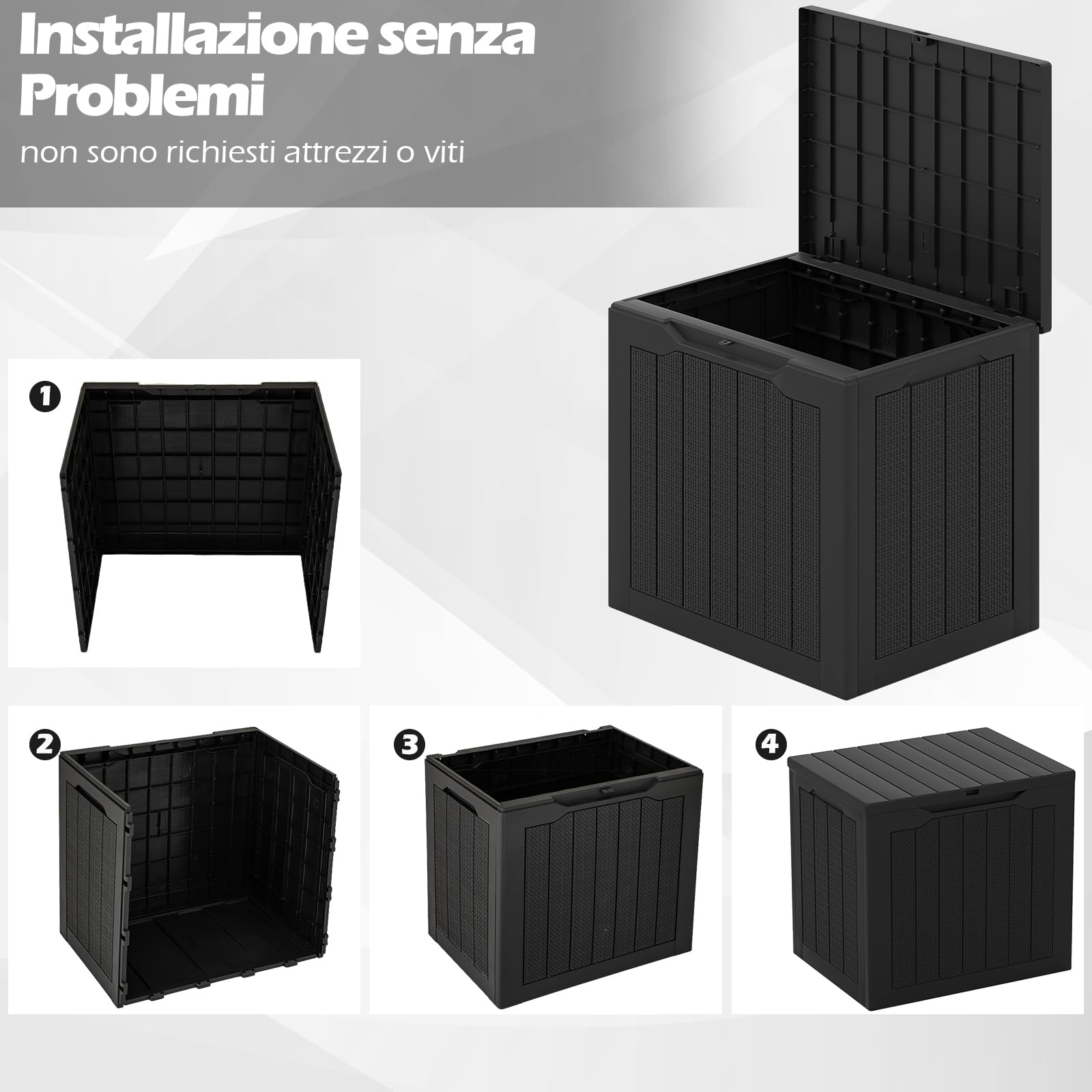 RELAX4LIFE Cassapanca da Esterno 96 L, Impermeabile con Coperchio Bloccabile e Trama Intrecciata in Rattan, 56 x 41 x 50,5 cm, Portata di 150 kg, Compatibile con Lucchetto (Non Incluso) (NERO)