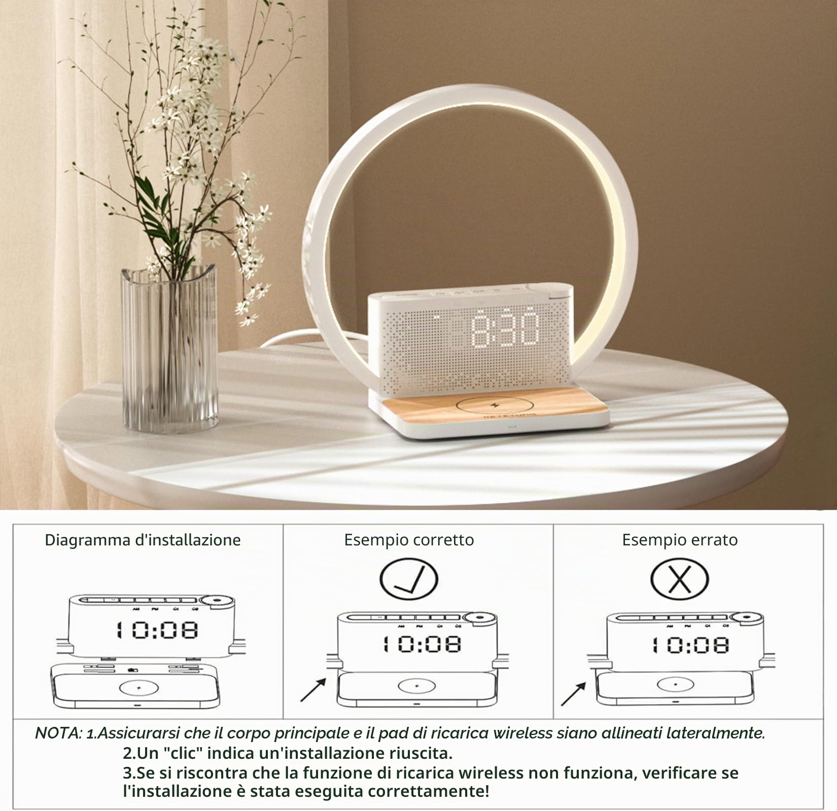 RETEYUNG Lampada da comodino con funzione di ricarica,caricatore wireless da 10W,Sveglia Con Luce,Wake Up Light,10 Suoni Natura,Touch Dimmerabile,3 livelli di luminosità,Adatto per camera da letto.